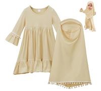 Ameble 1 Set Eid Dresses for Girls Muslim Prayer Dress with Hijab, Islamic Arab Dubai Style Ramadan Eid Outfit for Baby & Kids, Modest Robe Set, Khaki 100