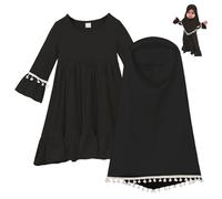 Ameble 1 Set Eid Dresses for Girls Muslim Prayer Dress with Hijab, Islamic Arab Dubai Style Ramadan Eid Outfit for Baby & Kids, Modest Robe Set, Black 100