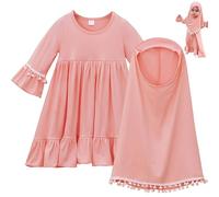 Ameble 1 Set Eid Dresses for Girls Muslim Prayer Dress with Hijab, Islamic Arab Dubai Style Ramadan Eid Outfit for Baby & Kids, Modest Robe Set, 100