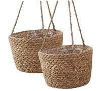 Ameble 2 Pack 7.87 Inch Hand-Woven Seagrass Hanging Flower Pots, Natural Green Hanging Baskets for Indoor & Outdoor Use, Planter for Plants, Home Decor