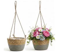 Ameble 2 Pack Hanging Basket Natural Seagrass Indoor Hanging Planter for Boho Home Decor, Plant Display for Garden, Patio, Balcony and Living Room, Grey