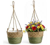 Ameble 2 Pack Hanging Basket Natural Seagrass Indoor Hanging Planter with Handwoven Rattan Hanger for Boho Home Decor, Plant Display for Garden, Patio, Balcony and Living Room, Green