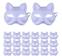 Ameble 20PCS DIY Fox Mask & Cat Mask, White Paintable Half-Cover Therian Masks with Elastic Straps, Comfortable Masquerade Masks for Kids Adults Halloween Cosplay Party