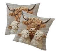 Ameble 2Pcs Throw Pillow Covers 18x18, Short Plush Decorative Square Pillpw Case Decor Cushion for Sofa Couch Bed, Farmhous Decor Vintage Country Art Throw Pillow Covers 18x18 Cow Highland Print