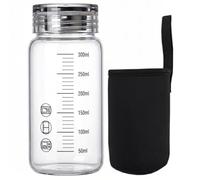 Ameble 300ml Clear Borosilicate Glass Water Bottle with Measurements, Insulated Sleeve & Steel Lid, Small Reusable Bottle for Travel, Gym, Office, Daily Hydration