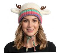 Ameble Deer Antler Hat Cute Warm Windproof Deer Hat Ear Protection Reindeer Beanie with Strap for Winter Beige Antler, Reindeer, Beanie with Ears