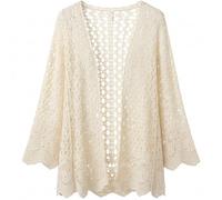 Ameble Elegant Hollow Out Crochet Cardigan for Women, Lightweight Open Front Knit Beach Sweater for Summer, Boho Cover Up, Beachwear, Vacation Outfit, Apricot