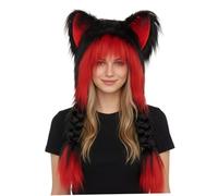 Ameble Furry Hat with Ears Anime Style Fluffy Cat Ear Beanie with Braids, Soft Plush Kawaii Winter Cosplay Hat for Women & Teens Black & Red