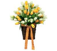 Ameble Orange & White Artificial Tulips Basket Wreath for Front Door, Woven Basket Hanging Decor, Easy to Hang Spring Summer Door Wreath, Farmhouse Style