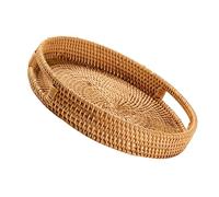 Ameble Rattan Tray 13.8 Inch Round Woven Wicker Tray Built in Handle Rustic Bread Baskets for Table Decorative Rattan Basket for Breakfast Drinks Snack Serving for Home Decor