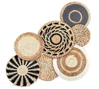 Ameble Round Woven Wall Decor 7Pcs Rattan Flower Boho Decor Natural Rustic Woven Wall Basket Boho Art for Bedroom, Living Room, Bathroom
