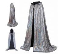 Ameble Silver Hooded Cloak with Adjustable Drawstring, Shiny Long Cape for Women, Cosplay Halloween Renaissance Faire Costume, 43.31inch