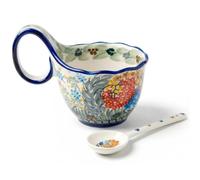 Ameble Soup Bowl with Handle 15oz Floral Ceramic Soup Cups with Spoon Polish Pottery Style Cereal Bowl for Ice Cream Snack Stew Breakfast