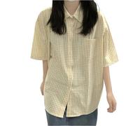 AMEEDA Checked Shirts Womens Summer Plaid Short-Sleeved Women Chiffon Tops Casual Fashion Tops Elegant Social Women's Shirt(Yellow,L)
