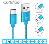ameego [3Pack 1m+2m+3m] 3.1A High Speed strong Nylon Braided USB C 3.1 Type-C Data Sync Charging Reversible Charge Cable for mobile phones, Nintendo Switch all Type-C Devices (Light Blue)