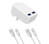 Ameego [3Pcs] 3A Foldable Dual USB Mains Plug & High Life Span Micro USB Cable & iPhone Cable Compatible iPad air Pro mini/iPhone X Max XR.5.6.7 8. Plus, and more Micro & iPhone USB Devices (White)
