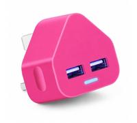 AMEEGO Dual USB Plug Charger 2A, 2 Port USB-A UK Mains Wall Adapter, Twin USB Charger Plug for Mobile Phones, Tablets, Power Banks, Speakers & USB Devices - Hot Pink