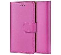 ameego Genuine Leather Bookcase for iPhone 13 PRO, Premium authentic Genuine Leather Wallet case with Magnetic, Kickstand, Cash & Card Slots Stockproof Slim Flip bookcase cover 6.1" (Hot Pink)