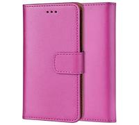 ameego Genuine Leather Bookcase for iPhone 15 Plus, Premium authentic Genuine Leather Wallet case with Magnetic, Kickstand, Cash & Card Slots Stockproof Slim Flip bookcase cover 6.7" (Hot Pink)