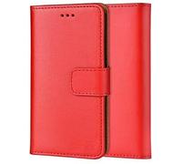ameego Genuine Leather Bookcase for iPhone 16E, Premium authentic Genuine Leather Wallet case with Magnetic, Kickstand, Cash & Card Slots Stockproof Slim Flip bookcase cover 6.1" (Red)