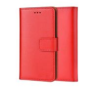 ameego Genuine Leather Wallet Case for iPhone 5/5S/SE (1st Generation), Magnetic Flip Cover with Card Slots & Kickstand, Red