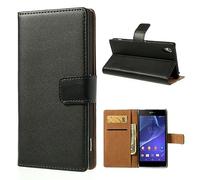 ameego Sony Xperia Z5 Premium Genuine Real Leather Wallet Flip Protective Case with Tan Interior, kickstand, Card slots and Magnetic closure Slim design Notebook flip case (XPERIA Z2 MINI, BLACK)