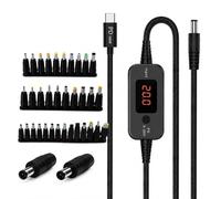 ameego USB-C PD to DC 5.5x2.1mm 100W Adjustable DC Power Trigger Cable with 34 Universal DC Adapter Tips + 2 Dell Smart Pin Adapters, LED Voltage Display, 5V/9V/12V/15V/20V, 1.2m Braided Cable