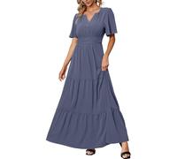 Amegoya Women's Velvet Short Sleeve V Neck Formal Wedding Guest Maxi Dresses Fall Evening Party Long Dresses, A-Blue Purple Solid, M