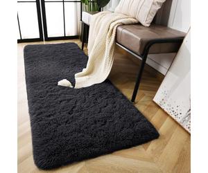 AMEHA Black Shaggy Runner Rug 80x300 cm Fluffy Soft Non Slip Extra Long Hallway Carpet Non-Shedding