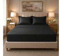 Ameha Black Stripe Fitted Sheet 40Cm Extra Deep Double 137X190Cm - Soft Brushed Microfiber, Anti Allergy, Easy Care Bed Sheet