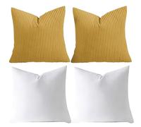 AMEHA Corduroy Ochre Velvet Cushions with covers included Pack of 2 (2 Covers 45 x 45 cm, 2 Inserts) Square throw Pillowcases with Invisible Zipper for Sofa Bed Livingroom 18”x18” inches