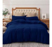 AMEHA Double Duvet Set 3 PCs Plain Dyed Navy Blue Quilt Bedding with Pillowcases Breathable Soft Brushed Microfibre Bed Set
