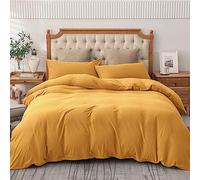 AMEHA Double Duvet Set 3 PCs Plain Dyed Quilt Bedding with Pillowcases Breathable Soft Brushed Microfibre Bed Set Ochre