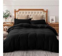 AMEHA Double Duvet Set 3 PCs Plain Dyed Quilt Bedding with Pillowcases Breathable Soft Brushed Microfibre Bed Set Black