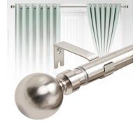 Ameha Plain Curtain Pole Extendable Metal Curtain Rod 28mm, 160-300Cm Brushed Silver With Ball Finials 60mm