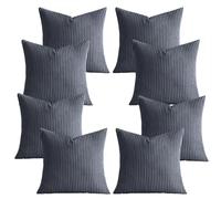 AMEHA Set of 8 Pcs Soft Corduroy Grey Velvet Cushion Covers 45 x 45 cm with Invisible Zipper Decorative Square Throw Pillowcases for Livingroom, bed, couch, office (18x18 inch Stripe Cushions)