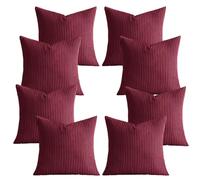 AMEHA Set of 8 Pcs Soft Corduroy Red Velvet Cushion Covers 45 x 45 cm with Invisible Zipper Decorative Square Throw Pillowcases for Livingroom, bed, couch, office (18x18 inch Stripe Cushions)