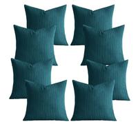 AMEHA Set of 8 Pcs Soft Corduroy Teal Velvet Cushion Covers 45 x 45 cm with Invisible Zipper Decorative Square Throw Pillowcases for Livingroom, bed, couch, office (18x18 inch Stripe Cushions)