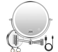 Amelar 20X Wall Mounted Makeup Mirror 3500 mAh Rechargeable LED 3 Color Lights Two Sided 8 Inch Magnifying Mirror Touch Switch Intelligent Shutdown 360° for Bathroom Hotel (Silver)