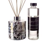 Amelia Art Glass Reed Diffuser Gift Set Cylinder - Black, Grey & White, Height 10cm, Width 8.5cm. Height with reeds 25cm