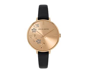 Amelia Austin Floral Ladies Black Leather Strap Clear Stone Set Etched Dial Watch AA2002