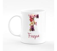 Amelia Gould Apparel Freya Flower Letter Design Mug Gift 11oz Ceramic Coffee Tea Cup Alphabet