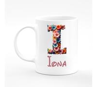 Amelia Gould Apparel Iona Flower Letter Design Mug Gift 11oz Ceramic Coffee Tea Cup Alphabet