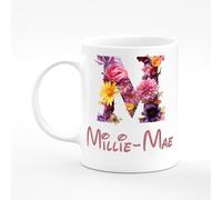 Amelia Gould Apparel Millie-Mae Flower Letter Design Mug Gift 11oz Ceramic Coffee Tea Cup Alphabet