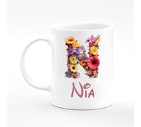 Amelia Gould Apparel Nia Flower Letter Design Mug Gift 11oz Ceramic Coffee Tea Cup Alphabet