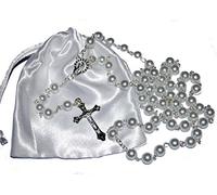 Amelia Mae First Holy Communion Rosary Beads Beautiful 1st Communion Keepsake Present Girls or Boys SetExcellent Quality Five Decade with Silver Crucifix, Chain, Pearl effect beads FREE satin pouch