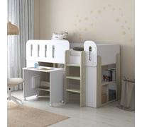 Amelia - Single - Mid Sleeper with Storage and Pull-Out Desk - White/Pale Wood - Particleboard - 3ft