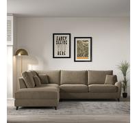 Amelia Textured Velvet Corner Sofa & Modular Footstool Set with Dark Wood Legs (Left Facing) Mink