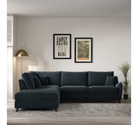 Amelia Textured Velvet Corner Sofa & Modular Footstool Set with Dark Wood Legs (Left Facing) Petrol Blue
