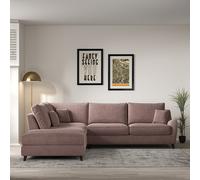 Amelia Velvet Corner Sofa & Modular Footstool Set with Dark Wood Legs (Left Facing) Blush Pink